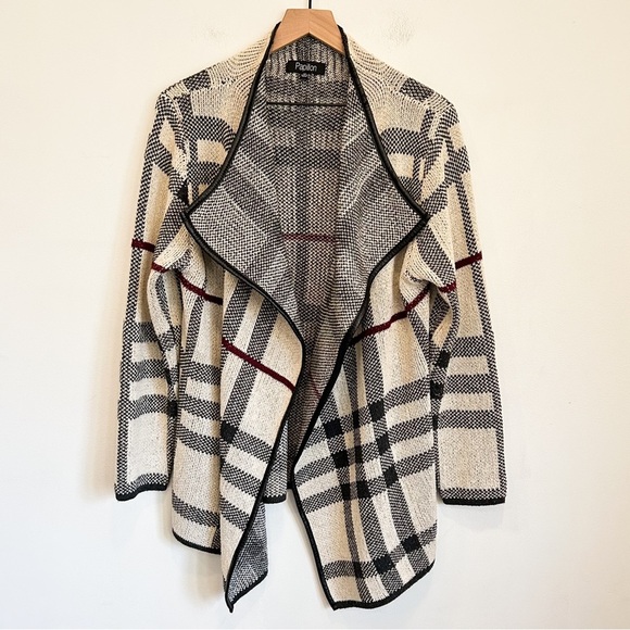 Papillon Blanc Sweaters - Papillon Plaid Waterfall Open Cardigan Sweater Cream Size M
